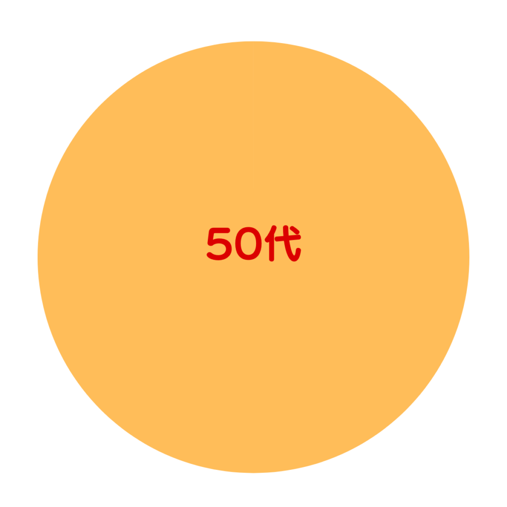 サロンドアルファードのホリゾンタルポシェットの年齢層をまとめた円グラフ（50代が多い。）