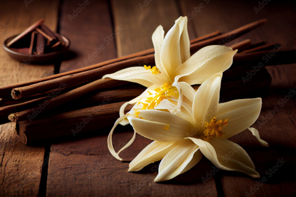 バニラの花と枝（さや）の写真